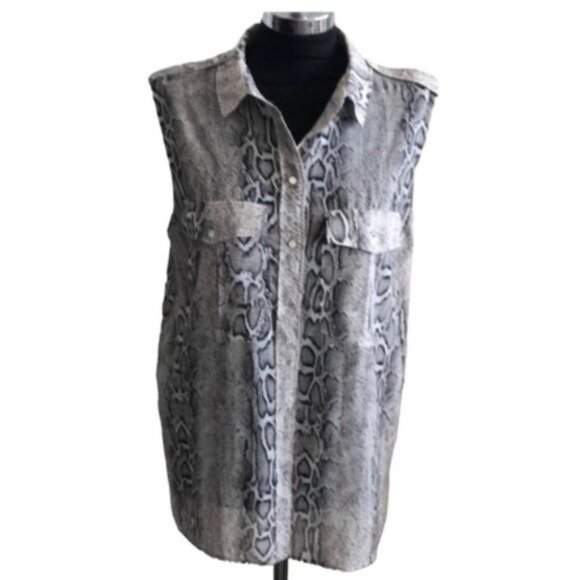 Mango Top Snake Skin Animal Print Button Down Sleeveless Blouse Top Shirt Sz.L - Picture 1 of 6